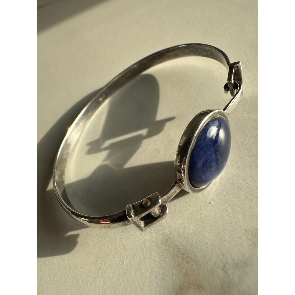 Vintage 950 Silver Lapis Lazuli Cabochon Bangle Bracelet Blue Stone Hook Clasp